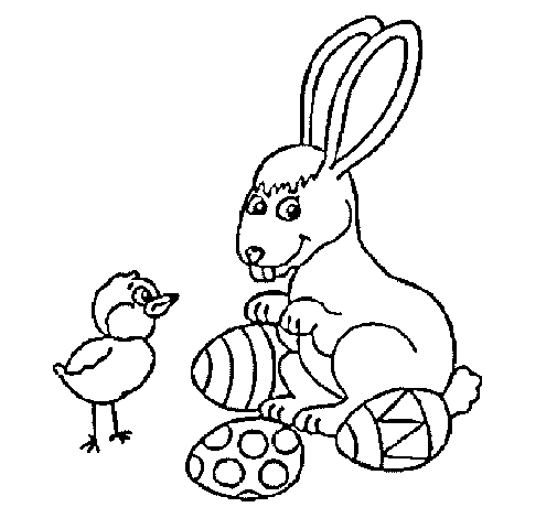 Disegno di Pulcino, coniglietto e uova  da Colorare