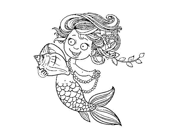 Disegno di Sirena con conchiglia e perle da Colorare