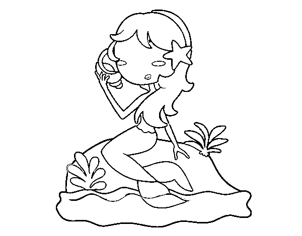 Disegno di Sirena seduta su una roccia con una conchiglia da Colorare