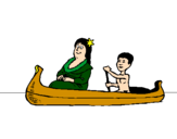 Disegno Madre e figlio in canoa  pitturato su marti