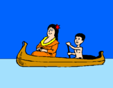 Disegno Madre e figlio in canoa  pitturato su pio