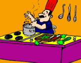 Disegno Cuoco in cucina  pitturato su gaetano