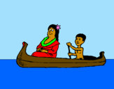 Disegno Madre e figlio in canoa  pitturato su francesco