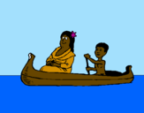 Disegno Madre e figlio in canoa  pitturato su gmd