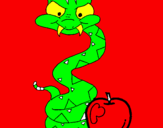 Disegno Serpente con la mela  pitturato su luca