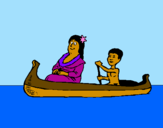 Disegno Madre e figlio in canoa  pitturato su valentina