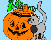 Disegno Zucca e gatto pitturato su sibilla