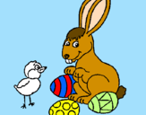 Disegno Pulcino, coniglietto e uova  pitturato su ginevra