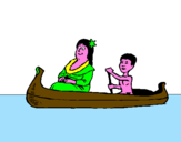 Disegno Madre e figlio in canoa  pitturato su veer