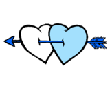Disegno Due cuori con una freccia pitturato su cuore bianco azzuro