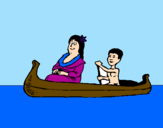 Disegno Madre e figlio in canoa  pitturato su LEONARDO BALBOA