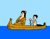 Disegno Madre e figlio in canoa  pitturato su occhio di falco e la mamm