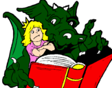 Disegno Drago, ragazza e libro pitturato su karen