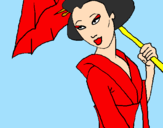 Disegno Geisha con parasole pitturato su pavlina shakalova