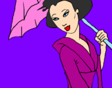 Disegno Geisha con parasole pitturato su miriam