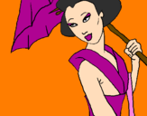Disegno Geisha con parasole pitturato su emma