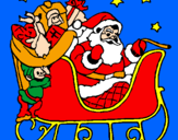 Disegno Babbo Natale alla guida della sua slitta pitturato su chiara