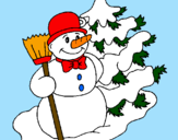 Disegno Pupazzo di neve e albero di Natale pitturato su anónimo