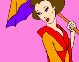 Disegno Geisha con parasole pitturato su santina
