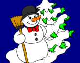 Disegno Pupazzo di neve e albero di Natale pitturato su shela