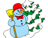 Disegno Pupazzo di neve e albero di Natale pitturato su fra