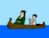 Disegno Madre e figlio in canoa  pitturato su turri