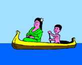 Disegno Madre e figlio in canoa  pitturato su Sofia