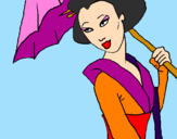Disegno Geisha con parasole pitturato su cinese