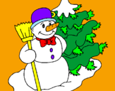 Disegno Pupazzo di neve e albero di Natale pitturato su aziz