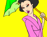 Disegno Geisha con parasole pitturato su virginia