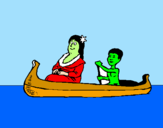 Disegno Madre e figlio in canoa  pitturato su chiara cerrato