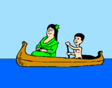 Disegno Madre e figlio in canoa  pitturato su vanessa