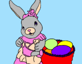 Disegno Coniglietta di Pasqua con l'annaffiatoio  pitturato su giulia quinti. 7anni