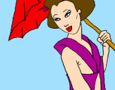 Disegno Geisha con parasole pitturato su sara