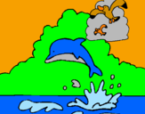 Disegno Delfino e gabbiano  pitturato su akena