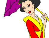 Disegno Geisha con parasole pitturato su ginevra