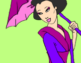 Disegno Geisha con parasole pitturato su davidino