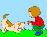 Disegno Bambina che gioca con il cagnolino  pitturato su Andrea