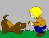 Disegno Bambina che gioca con il cagnolino  pitturato su marga