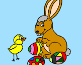 Disegno Pulcino, coniglietto e uova  pitturato su IORA