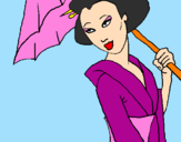 Disegno Geisha con parasole pitturato su alessia