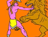 Disegno Gladiatore contro un leone pitturato su josè