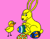 Disegno Pulcino, coniglietto e uova  pitturato su anna