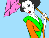 Disegno Geisha con parasole pitturato su gaia