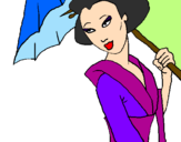 Disegno Geisha con parasole pitturato su biribiri
