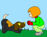 Disegno Bambina che gioca con il cagnolino  pitturato su laura 3 anni 
