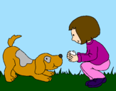 Disegno Bambina che gioca con il cagnolino  pitturato su martina