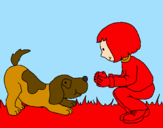 Disegno Bambina che gioca con il cagnolino  pitturato su laura 3 anni 