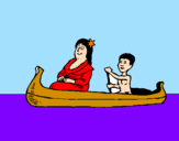 Disegno Madre e figlio in canoa  pitturato su tulipano
