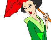 Disegno Geisha con parasole pitturato su giulia c.